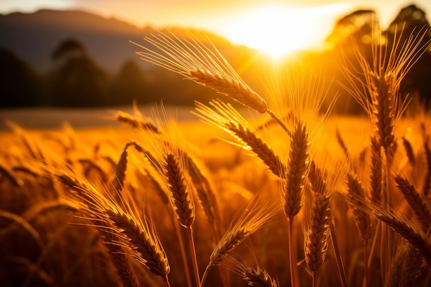 L'alba sopra il campo di grano paesaggio agricolo luce solare dorata in una bella scena di campagna mattutina