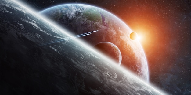 L'alba sopra un sistema planetario lontano nello spazio