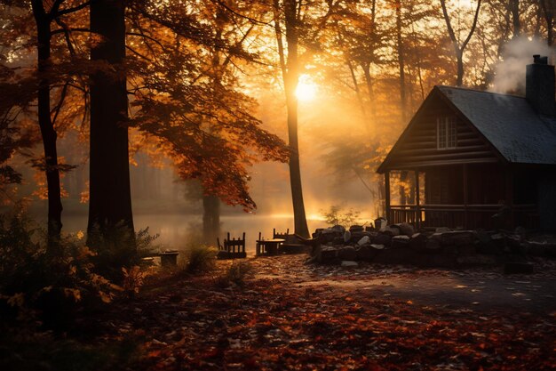 l'alba su un paesaggio forestale con fogliame d'autunno