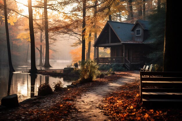 l'alba su un paesaggio forestale con fogliame d'autunno