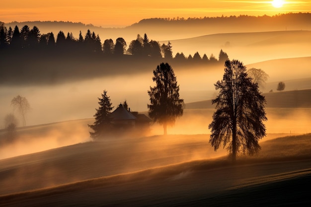 L'alba su una valle nebbiosa