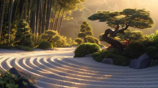 L'alba sul pacifico giardino zen giapponese splendente