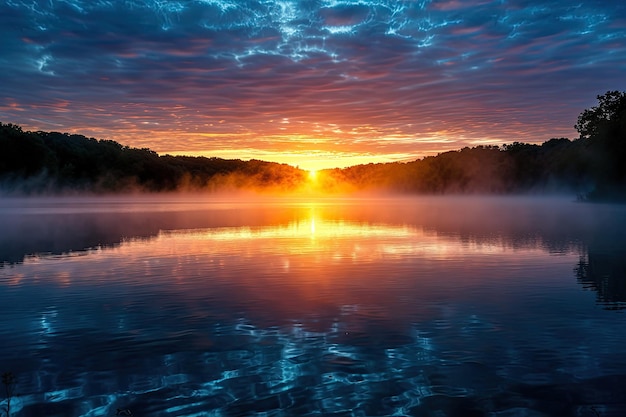 L'alba vibrante sopra un lago nebbioso