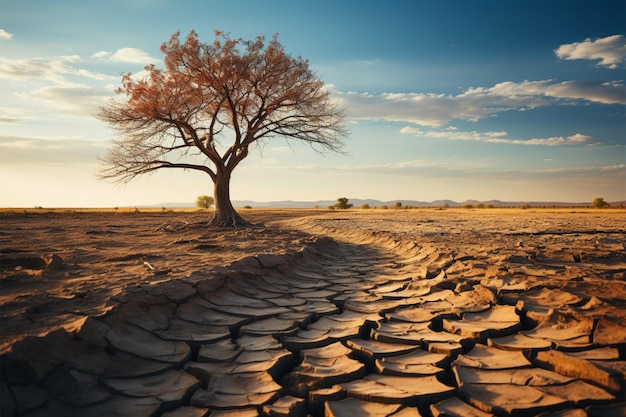 L'albero che lotta sul terreno asciutto sottolinea i cambiamenti climatici, la scarsità d'acqua e la siccità