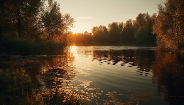 L'albero d'autunno riflette il tramonto vibrante sull'acqua generata dall'intelligenza artificiale