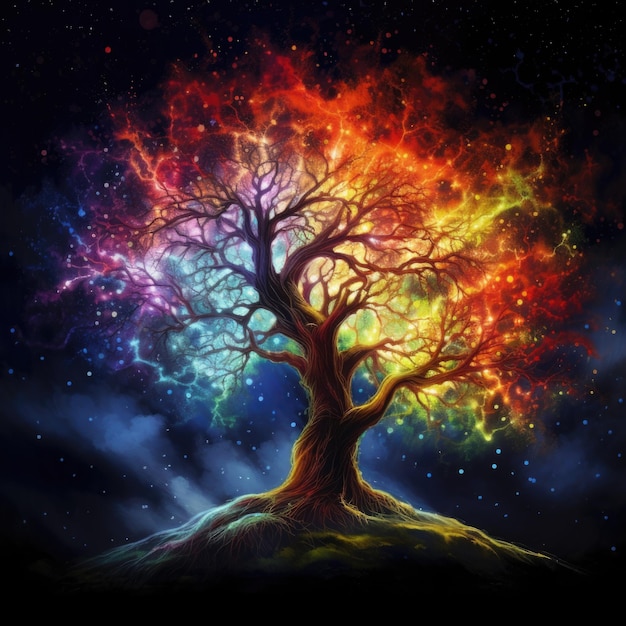 L'albero dell'arcobaleno luminoso di notte