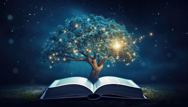 L'albero della conoscenza brilla con le luci che crescono da un libro