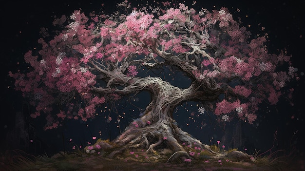 L'albero della vita è un dipinto di un albero con fiori rosa