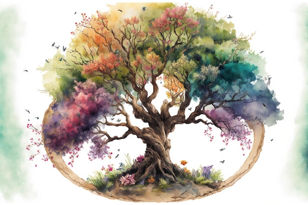 L'albero della vita in colorato stile di pittura ad acquerello primaverile