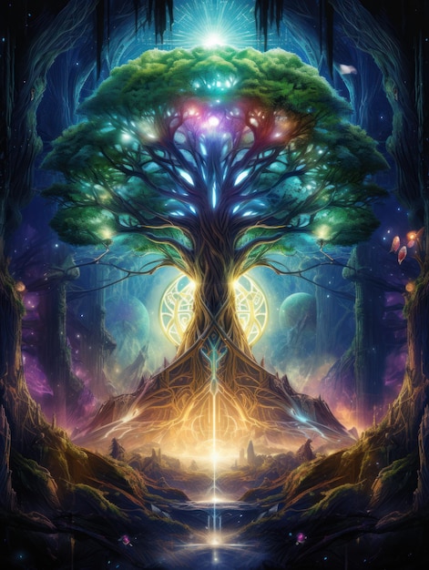L'albero della vita sullo sfondo di un mistico concetto esoterico del paesaggio notturno