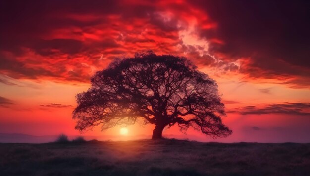 L'albero di acacia dorata della foto riflette il tramonto sulla terra africana generata da ai