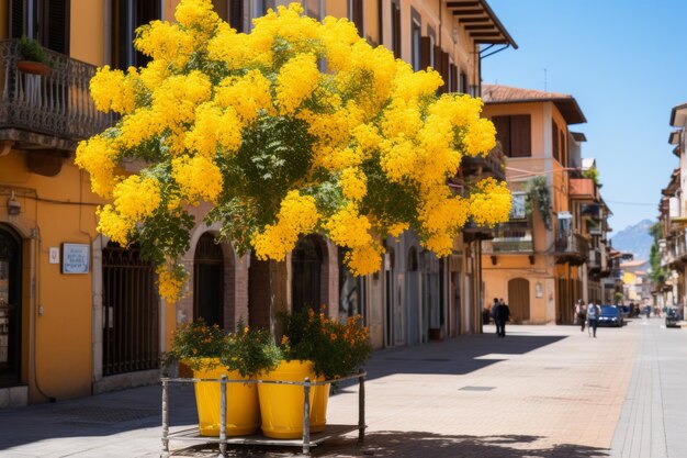 L'albero di mimosa giallo vibrante Roma Italia bellissimo contrasto con le strade storiche in una giornata di sole