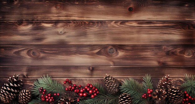 l'albero di Natale con rami di abete, pigne e alcune bacche attorno ai bordi di uno sfondo in legno