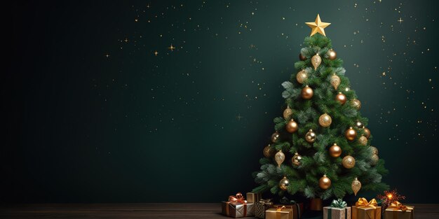 L'albero di Natale è decorato con decorazioni e luci su uno sfondo verde scuro