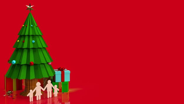 L'albero di Natale e il piatto di legno della famiglia per la celebrazione o il concetto di vacanza 3d rendering