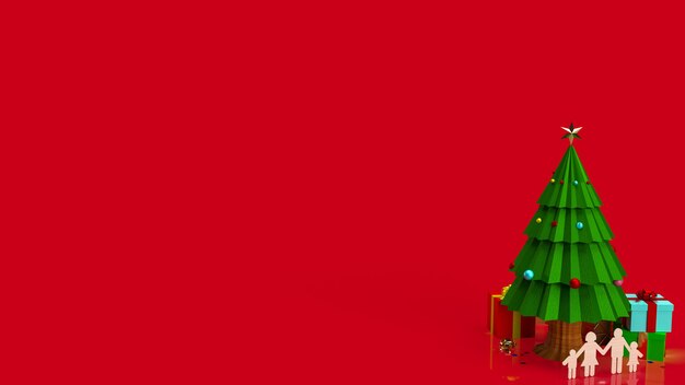 L'albero di Natale e il piatto di legno della famiglia per la celebrazione o il concetto di vacanza 3d rendering