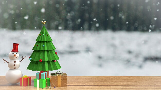 L'albero di Natale e l'uomo di neve sul tavolo di legno per la celebrazione delle vacanze o la promozione aziendale sfondo 3d rendering