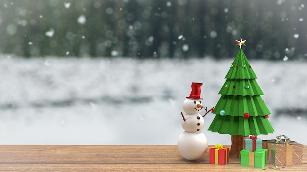 L'albero di Natale e l'uomo di neve sul tavolo di legno per la celebrazione delle vacanze o la promozione aziendale sfondo 3d rendering