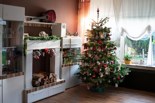 L'albero di Natale è nel soggiorno Il sole splende dalla finestra