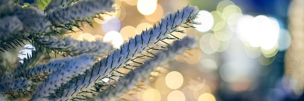 L'albero di Natale ha coperto la neve con le luci gialle delle ghirlande e lo spazio della copia del bokeh con il bokeh scintillato