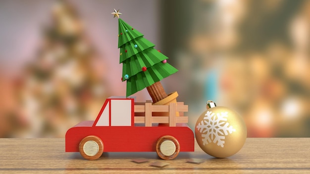 L'albero di Natale in camion di legno sulla tavola di legno 3d rendering