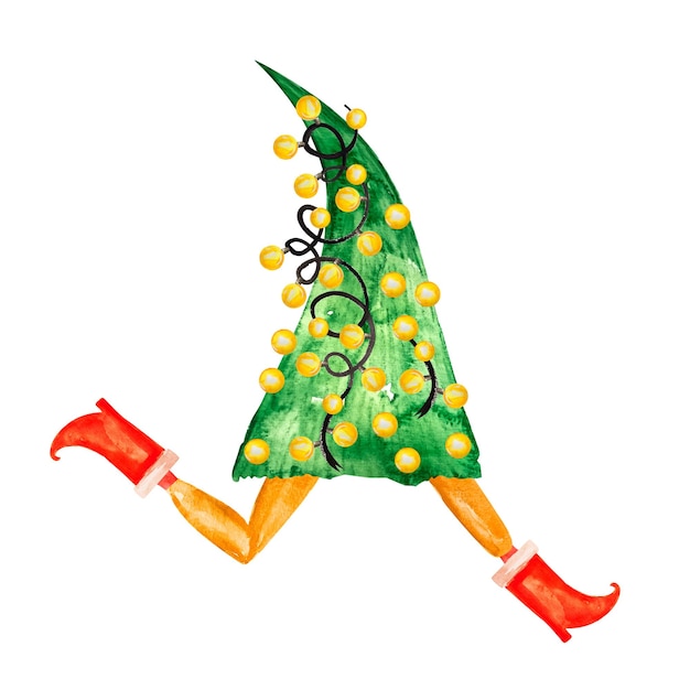 L'albero di Natale in una ghirlanda corre nell'illustrazione dell'acquerello degli stivali rossi