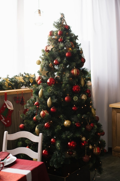 L'albero di Natale si trova alla finestra della sala da pranzo o del soggiorno