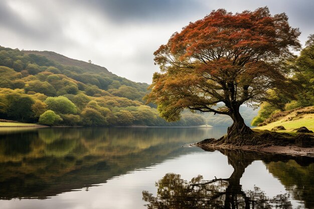 L'albero di quercia riflesso in un lago calmo