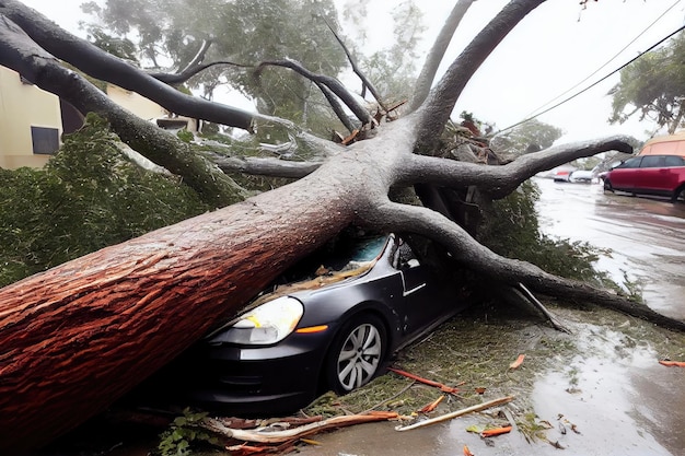 L'albero è caduto sull'auto durante l'uragano all'indomani dell'uragano creato con l'IA generativa