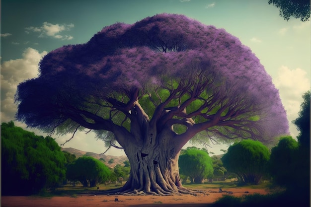 L'albero gigante con foglie di colore viola sembra una favola