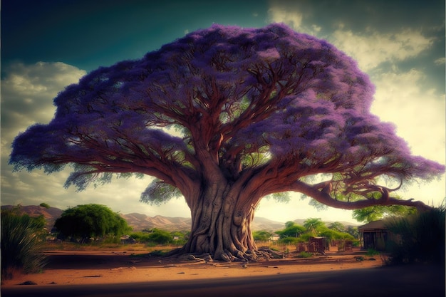 L'albero gigante con foglie di colore viola sembra una favola