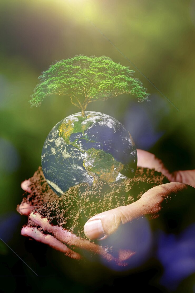 L'albero in mano Il concetto di risparmio della Terra e dell'ambiente Le mani che tengono il globo Vetro Nella foresta verde L'elemento dell'immagine è decorato dalla NASA