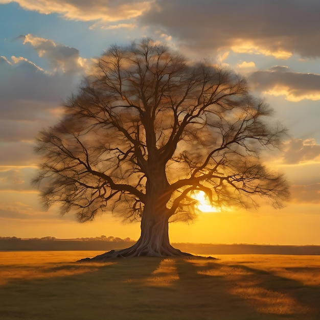 L'albero piegato che si croce nei raggi dorati del sole che tramonta generato dall'AI