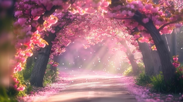 L'albero rosa e i fiori fioriscono e cadono nel tunnel del giardino al mattino con la luce del sole