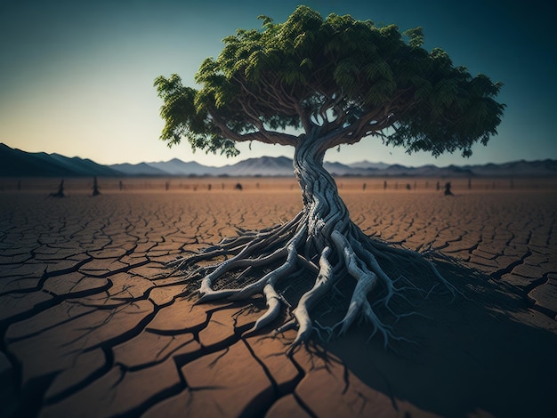 L'albero verde cresce sulla terra crepata dalla siccità Cambiare il concetto di clima Generato dall'intelligenza artificiale