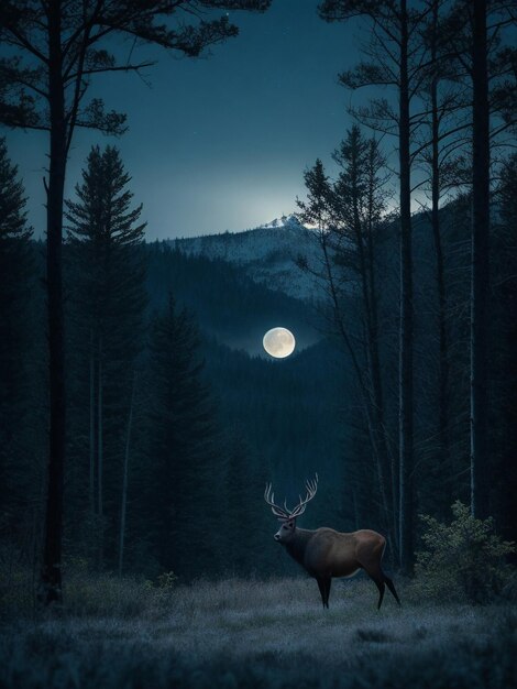 L'alce selvaggio nel deserto della foresta la luna di notte