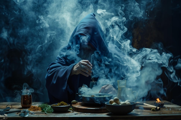 L'alchimista medievale faceva rituali magici al tavolo nel suo laboratorio di fumo.