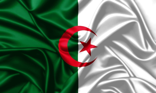 L'Algeria sventola bandiera da vicino sullo sfondo con texture di seta