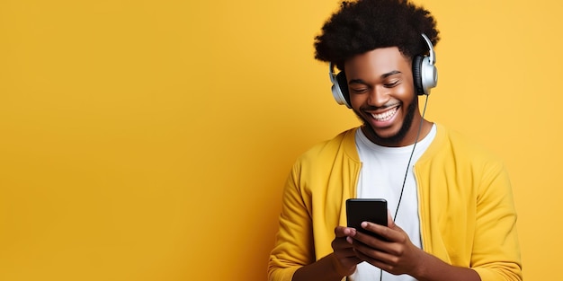 L'allegro hipster ascolta la musica con le cuffie wireless e canta un giovane africano positivo