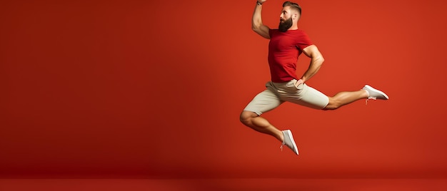 L'allenamento dell'uomo sportivo felice esercitando sullo sfondo dello spazio di copia