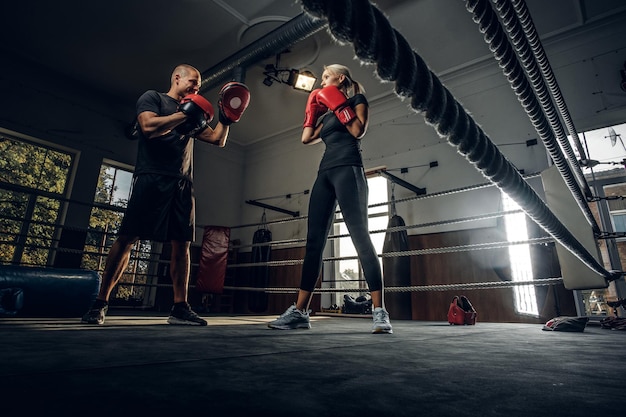 L'allenatore di boxe e il suo nuovo studente hanno uno sparring sul ring indossando guanti da boxe.