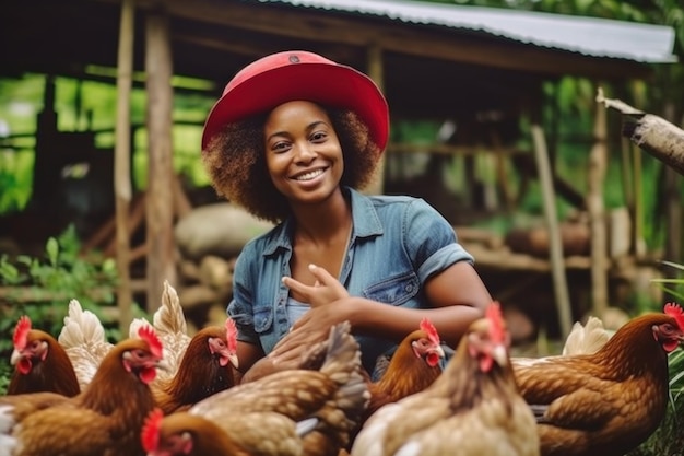 L’allevamento sostenibile di pollame della donna nera promuove la crescita agricola e la felicità