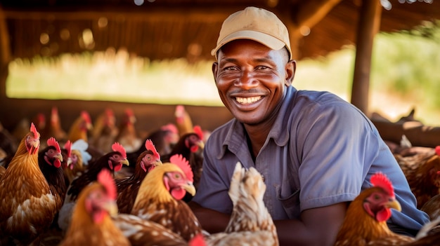L'allevatore di pollame controlla il pollo soddisfatto con un sorriso caldo e un approccio umano