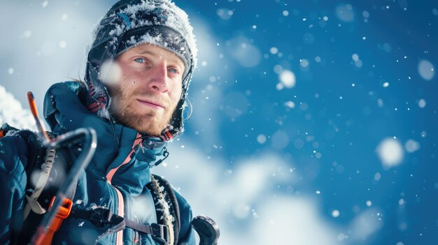 L'alpinista sul ghiaccio sta scalando la montagna di ghiaccio innevata sotto un cielo blu brillante