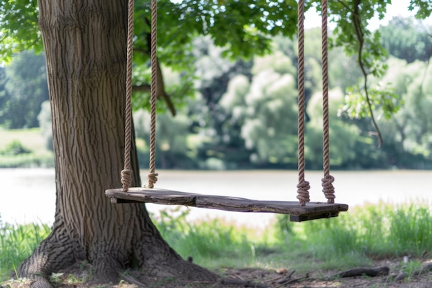 L'altalena della corda dei bambini appesa da sola e immobili sotto un albero ricordi nostalgici dell'infanzia