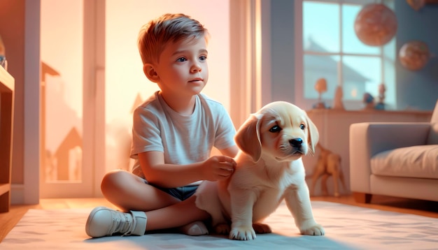 L'amicizia tra uomo e cane ragazzo carino con il suo amico cucciolo