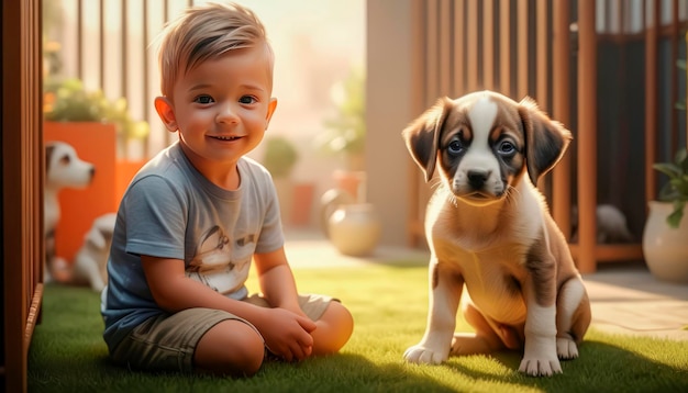 L'amicizia tra uomo e cane ragazzo carino con il suo amico cucciolo