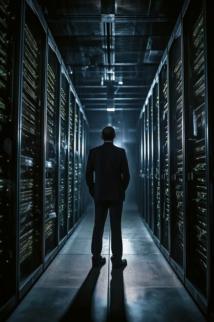 L'amministratore maschio monitora i database e i sistemi informatici con i server nel centro di archiviazione dati IA generativa