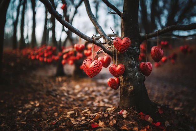 L'amore e l'emozione concetto giorno di San Valentino cuori rossi appesi ad un albero e coprire il pavimento della foresta