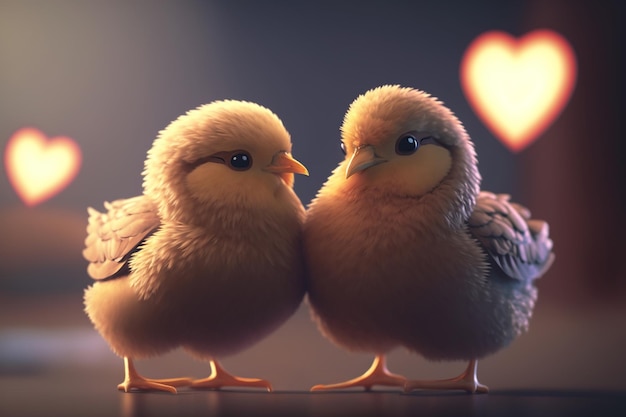 L'amore è nell'aria Due simpatici pulcini festeggiano San Valentino con uno sfondo di cuore